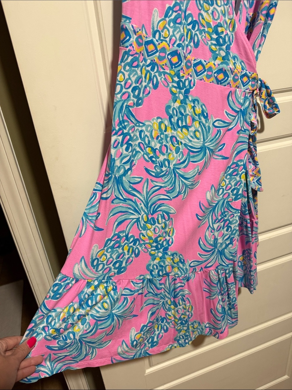 Lilly Pulitzer Pink Midi Dress with Aqua Tropical Motif - Picture 6 of 7